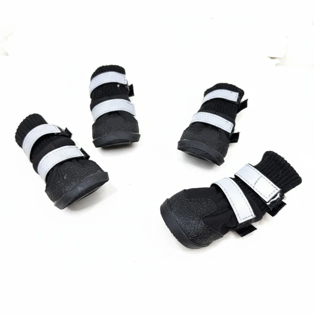 Small Black Dog Boots Paw Protectors with Reflective Straps & Anti-Slip Soles